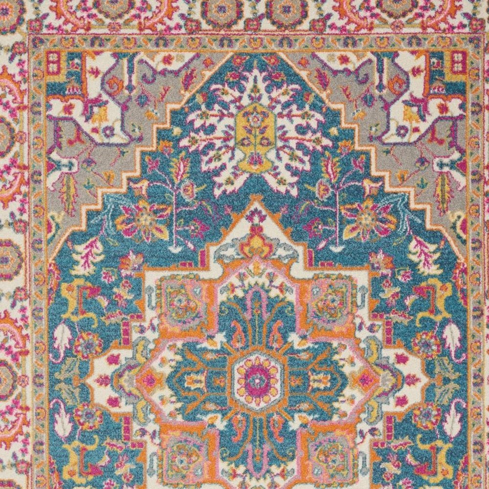 7' X 10' Teal And Ivory Medallion Distressed Area Rug