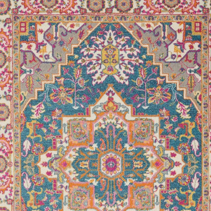 7' X 10' Teal And Ivory Medallion Distressed Area Rug