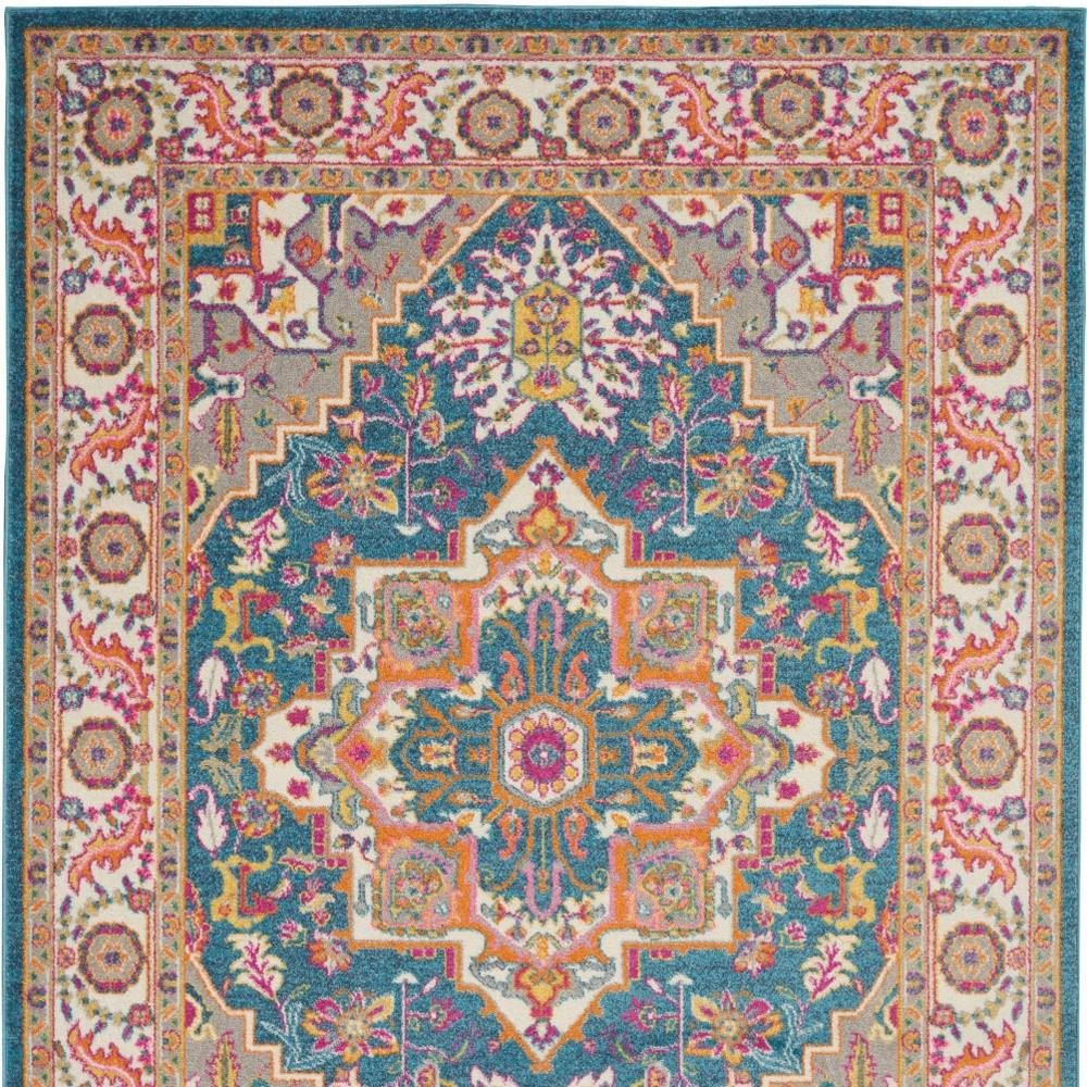 7' X 10' Teal And Ivory Medallion Distressed Area Rug