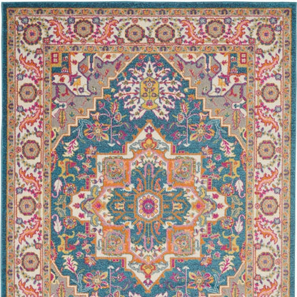 7' X 10' Teal And Ivory Medallion Distressed Area Rug