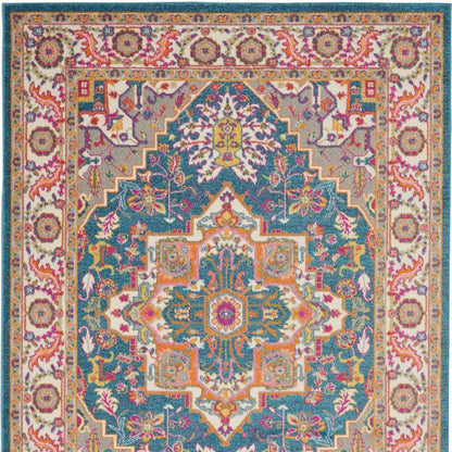 7' X 10' Teal And Ivory Medallion Distressed Area Rug