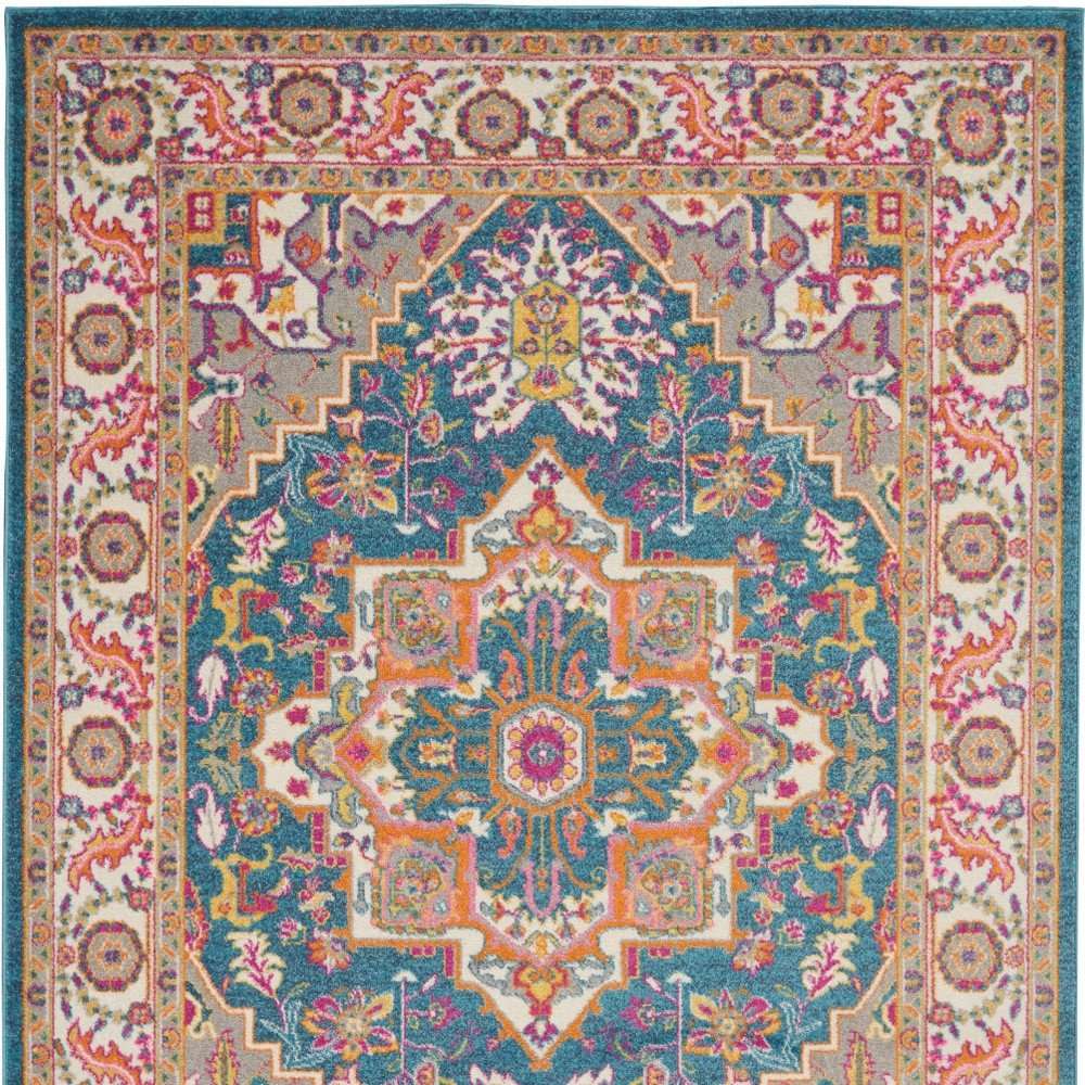 7' X 10' Teal And Ivory Medallion Distressed Area Rug