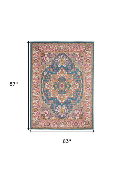 8' X 10' Teal And Ivory Medallion Distressed Area Rug