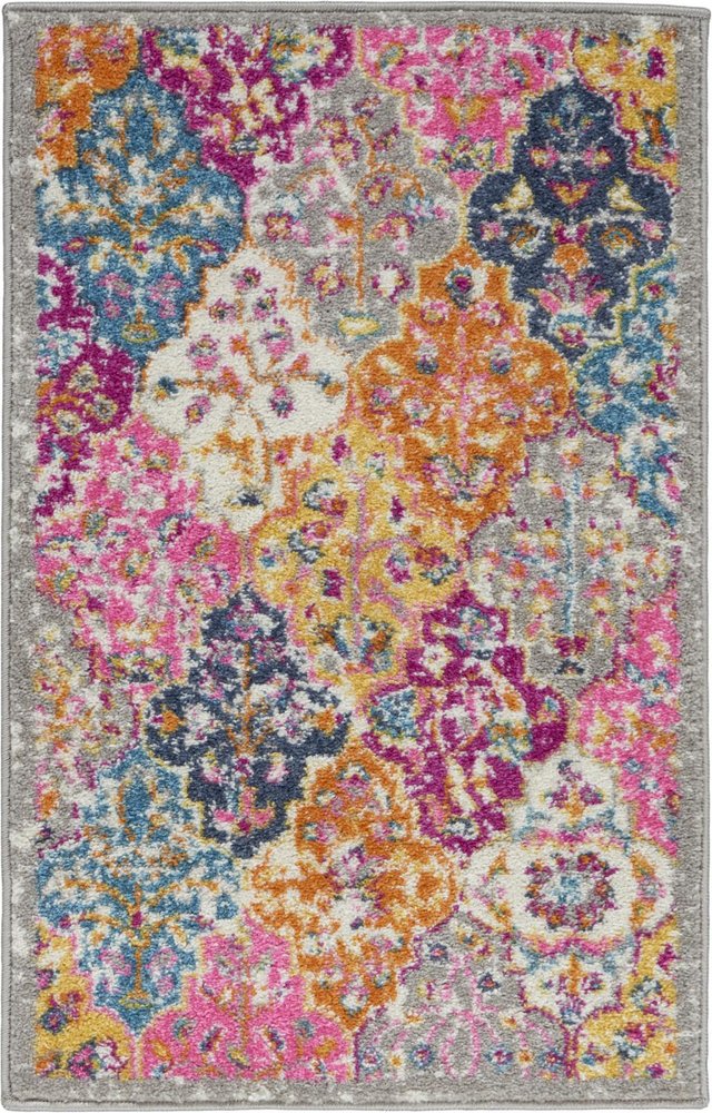 5' X 7' Gray Blue And Orange Quatrefoil Distressed Area Rug