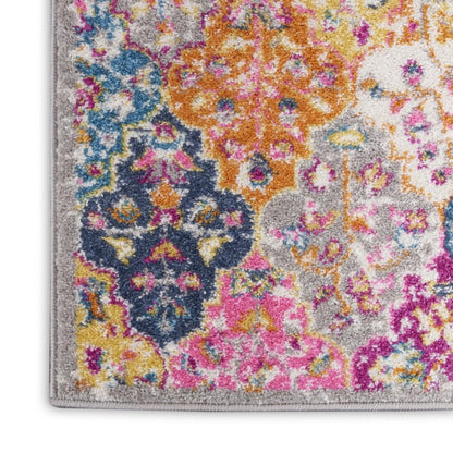 8' X 10' Gray Blue And Orange Quatrefoil Distressed Area Rug