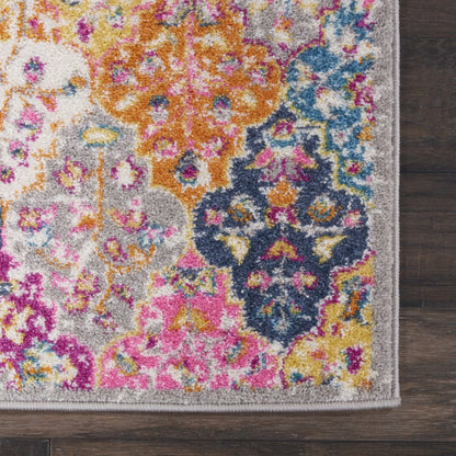 5' X 7' Gray Blue And Orange Quatrefoil Distressed Area Rug