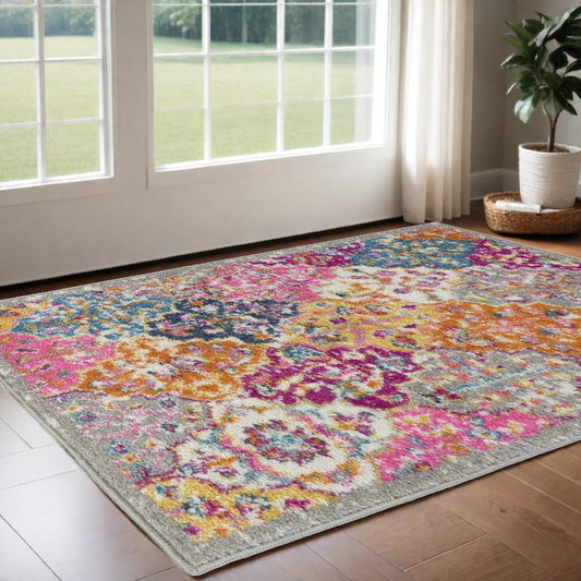 8' X 10' Gray Blue And Orange Quatrefoil Distressed Area Rug