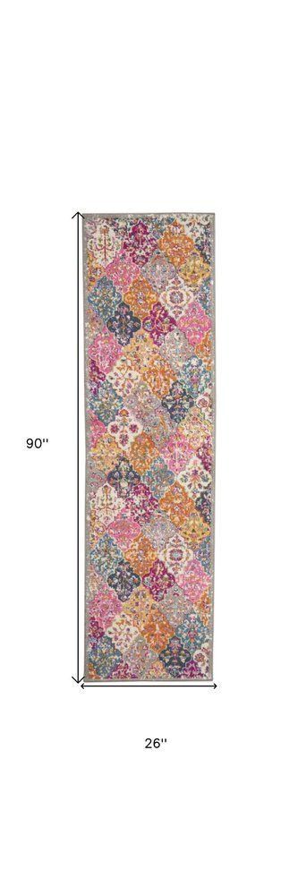 8' X 10' Gray Blue And Orange Quatrefoil Distressed Area Rug