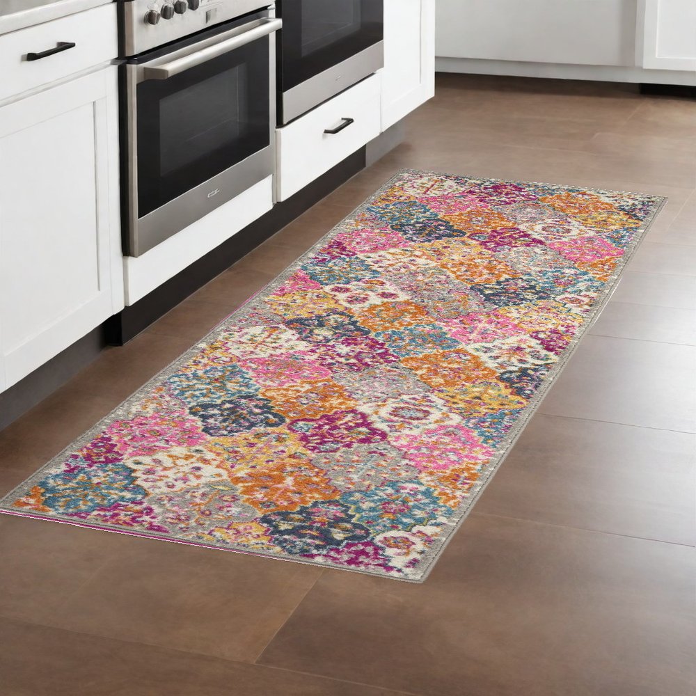 8' X 10' Gray Blue And Orange Quatrefoil Distressed Area Rug
