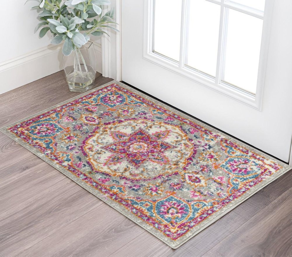 5' Gray And Pink Medallion Round Rug