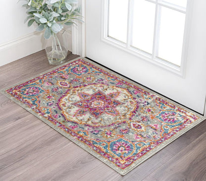 6' Gray And Ivory Medallion Runner Rug