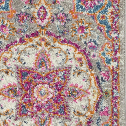 6' Gray And Ivory Medallion Runner Rug