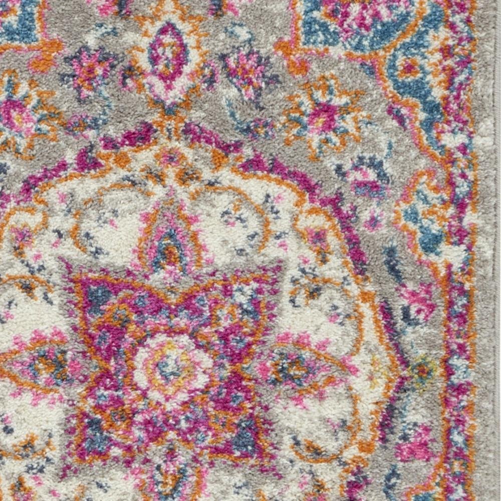 6' Gray And Ivory Medallion Runner Rug