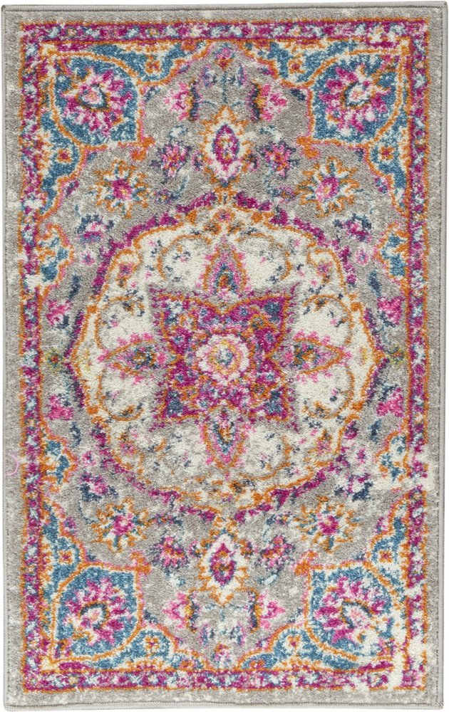 6' Gray And Ivory Medallion Runner Rug