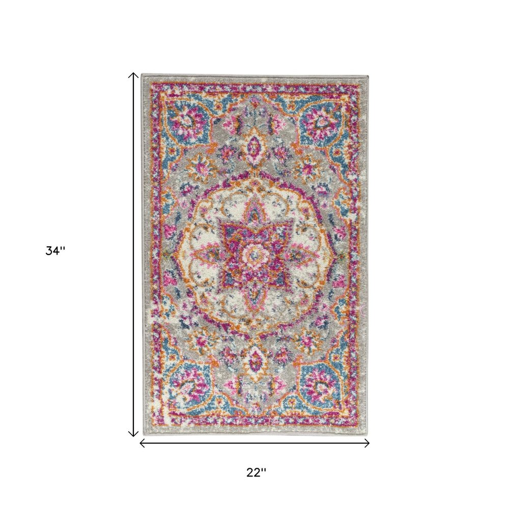 5' Gray And Pink Medallion Round Rug