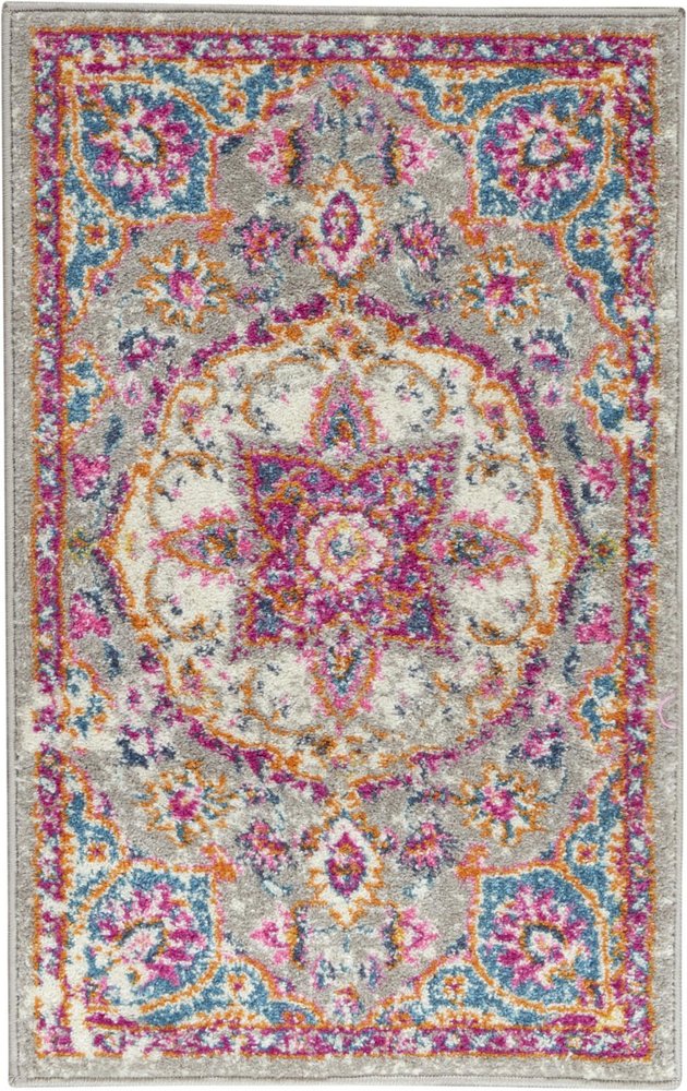 6' Gray And Ivory Medallion Runner Rug