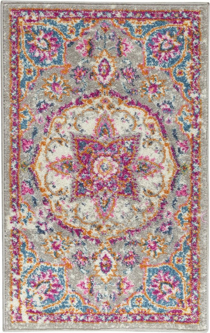 6' Gray And Ivory Medallion Runner Rug