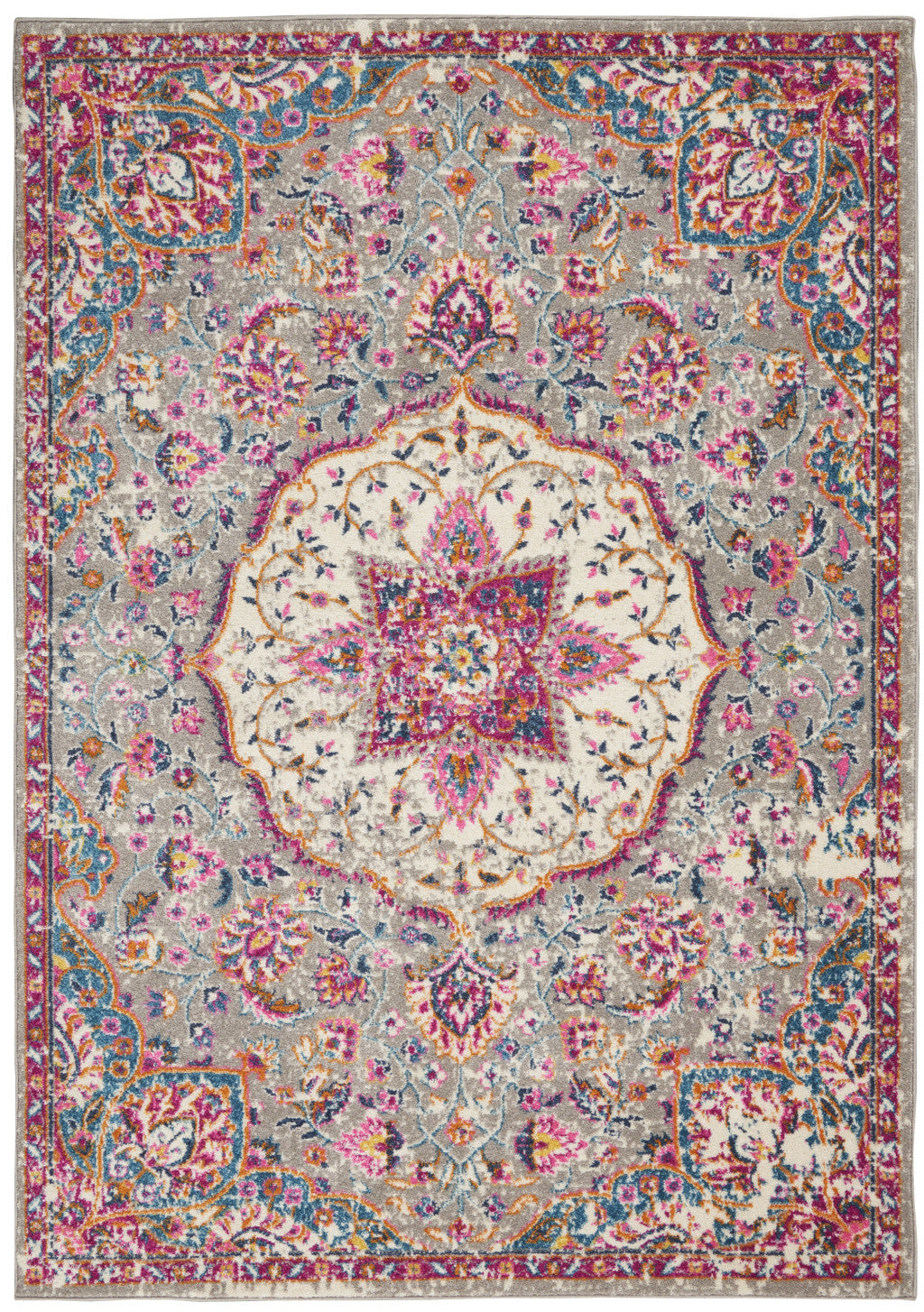 8' Pink And Gray Round Power Loom Area Rug