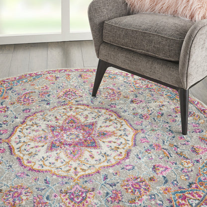 8' Pink And Gray Round Power Loom Area Rug