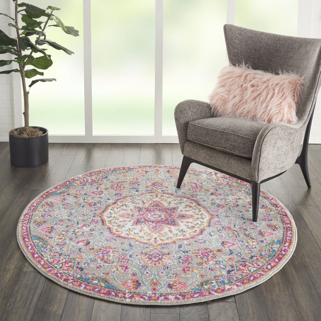 8' Pink And Gray Round Power Loom Area Rug