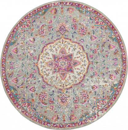 8' Pink And Gray Round Power Loom Area Rug