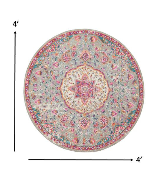 8' Pink And Gray Round Power Loom Area Rug