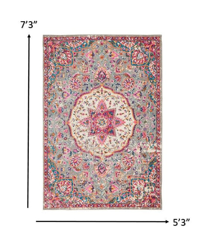 8' Pink And Gray Round Power Loom Area Rug