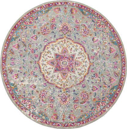 8' Pink And Gray Round Power Loom Area Rug