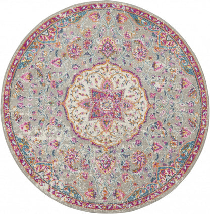 8' Pink And Gray Round Power Loom Area Rug