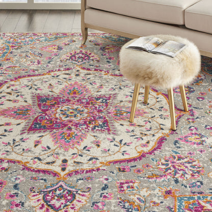 8' Pink And Gray Round Power Loom Area Rug