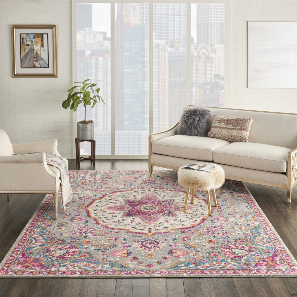 8' Pink And Gray Round Power Loom Area Rug