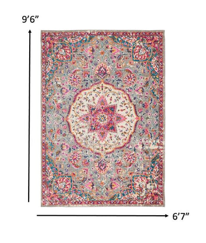 8' Pink And Gray Round Power Loom Area Rug