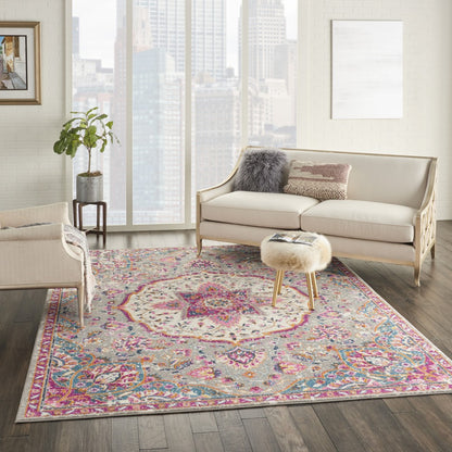 8' Pink And Gray Round Power Loom Area Rug