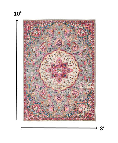 8' Pink And Gray Round Power Loom Area Rug