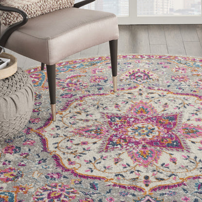 8' Pink And Gray Round Power Loom Area Rug