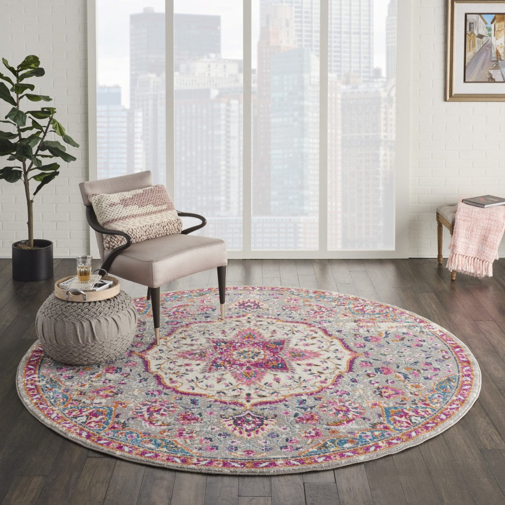 8' Pink And Gray Round Power Loom Area Rug