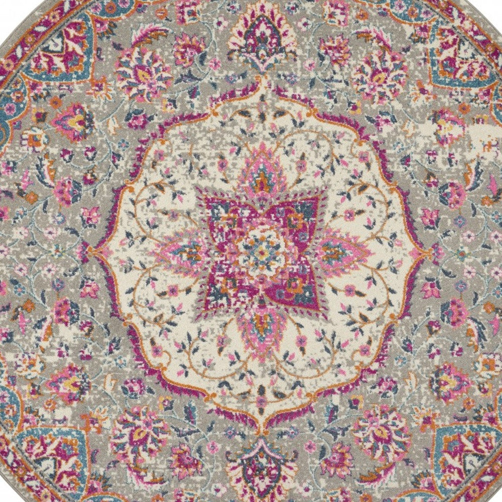 8' Pink And Gray Round Power Loom Area Rug