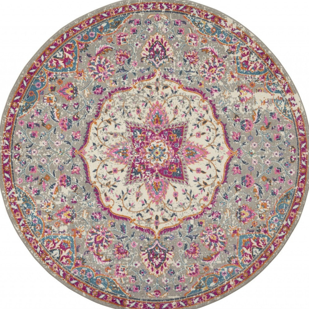 8' Pink And Gray Round Power Loom Area Rug