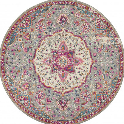 8' Pink And Gray Round Power Loom Area Rug