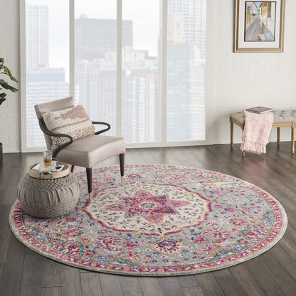 8' Pink And Gray Round Power Loom Area Rug