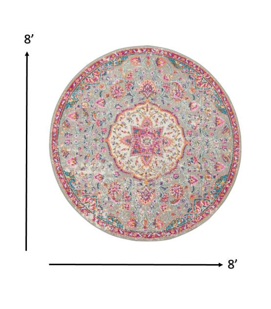 8' Pink And Gray Round Power Loom Area Rug