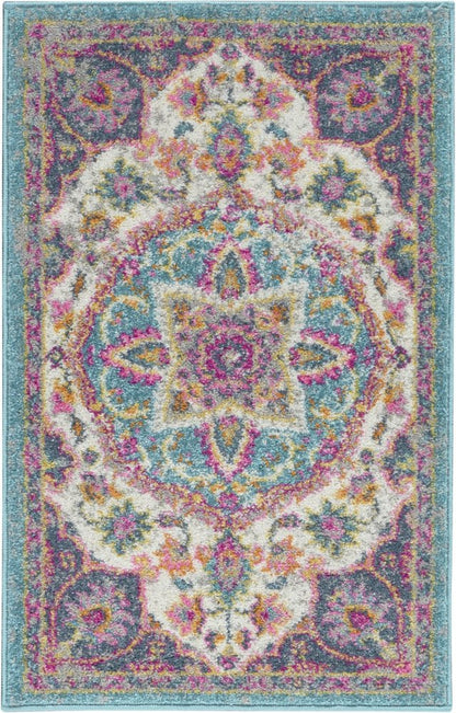 8' Ivory And Blue Medallion Round Rug
