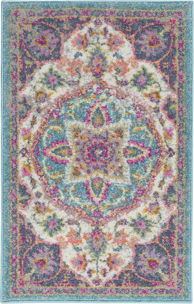 8' Ivory And Blue Medallion Runner Rug