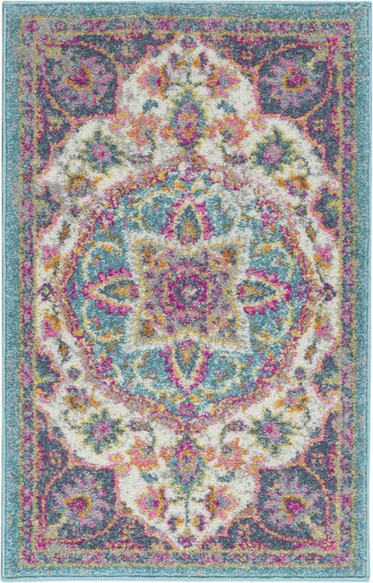 8' Ivory And Blue Medallion Runner Rug