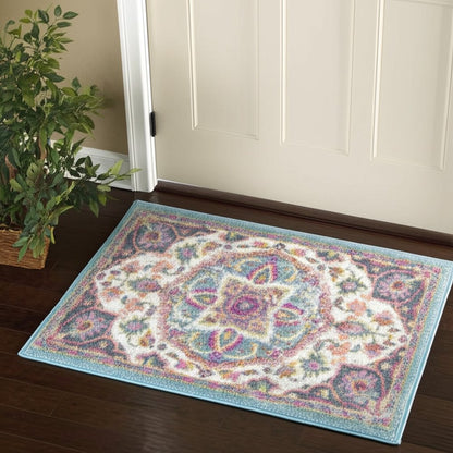 8' Ivory And Blue Medallion Runner Rug