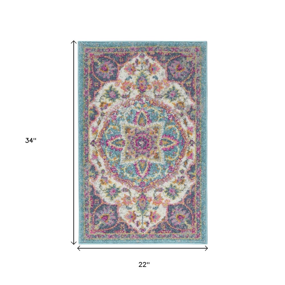 8' Ivory And Blue Medallion Runner Rug