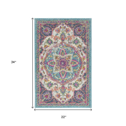 8' Ivory And Blue Medallion Runner Rug