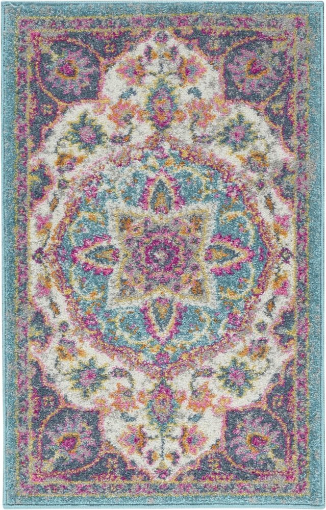 8' Ivory And Blue Medallion Runner Rug