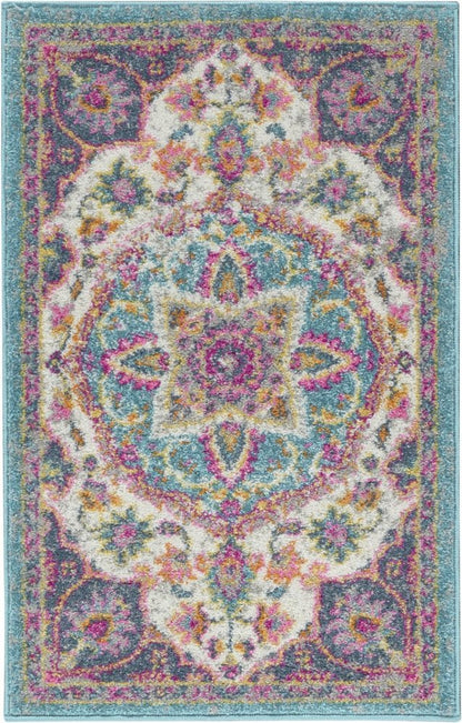 8' Ivory And Blue Medallion Runner Rug
