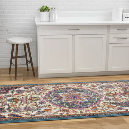 8' Ivory And Blue Medallion Round Rug